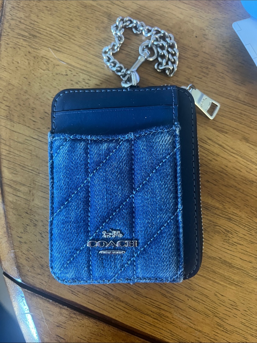 Coach Blue Quilted Denim Card Holder with Silver Chain